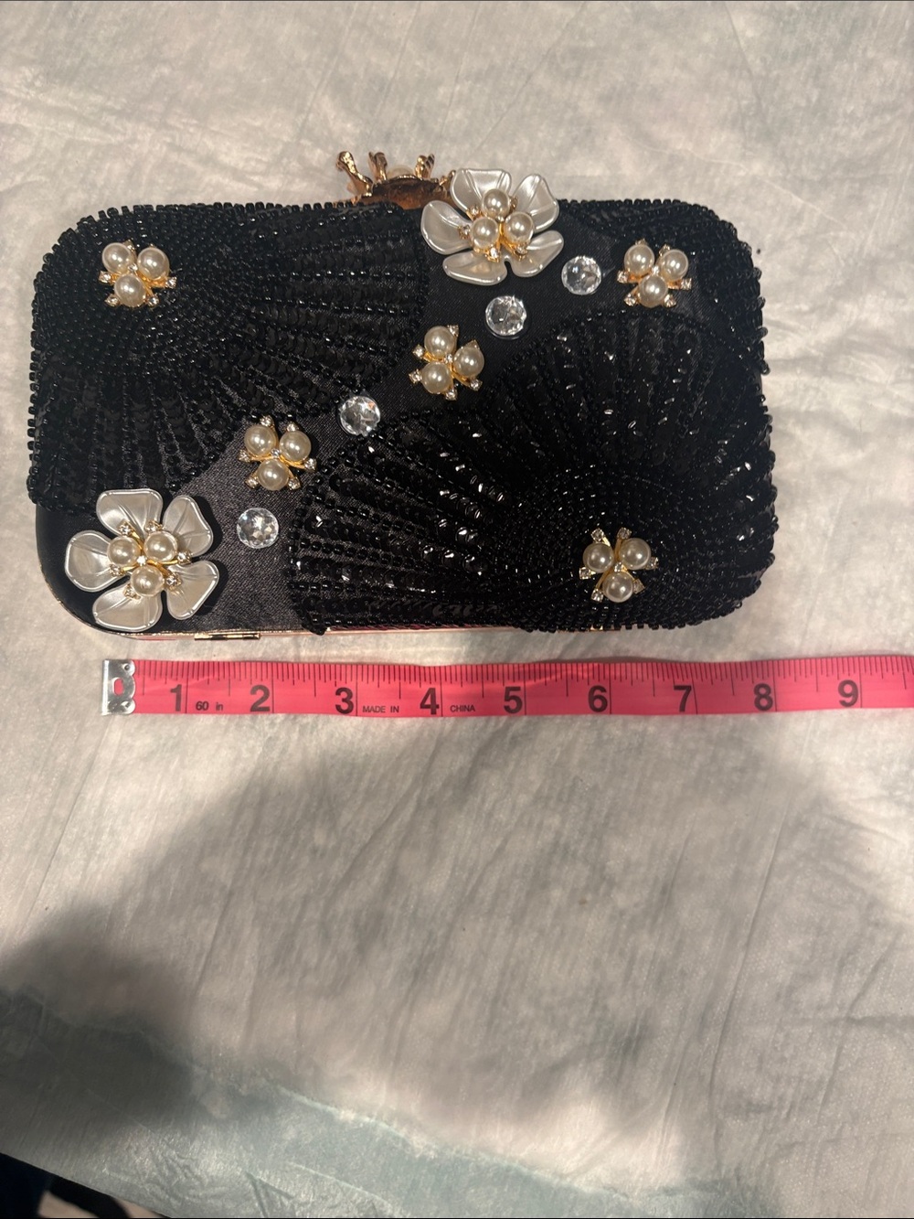 Elegant Black Beaded Floral Evening Clutch